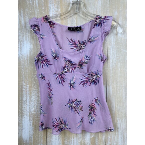 INC International Concepts Sz 6 Purple Sheer Floral Print Short Sleeve Silk Top - Picture 1 of 9